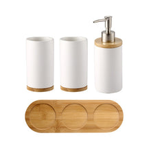 Load image into Gallery viewer, Ceramic Bathroom Accessories Set with Bamboo Base
